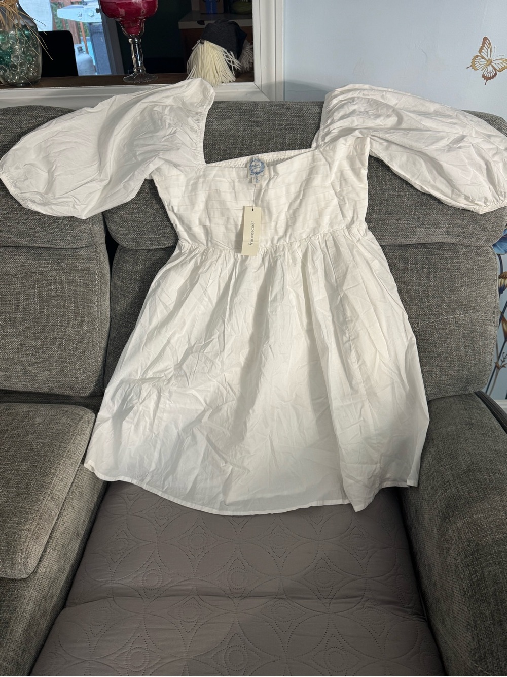 NWT Francesca's Blue Rain White Babydoll Dress Size S - Puff Sleeve Square Neck